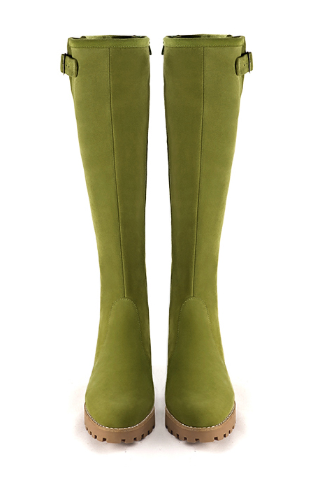 Pistachio green women's knee-high boots with buckles.. Made to measure. Top view - Florence KOOIJMAN
